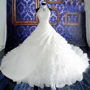 Prawdziwy POS Cascading Ruffles Organza Satin Długie Linia Suknie ślubne z wysokim aplikacją kołnierzową bez rękawów Bridal Wedding 215L