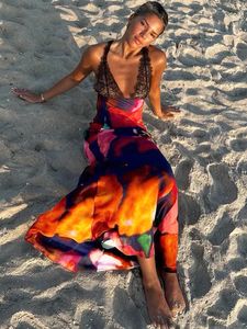 Elegant Tie Dye Floral Chiffon Dress For Women 2023 Summer Fashion Bandage Backless Lace Long Dresses Female Beach Evening Robe