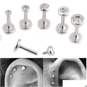 Labret Lip Piercing Jewelry Gem Stud Cartilage Helix Tragus Clear Crystal Ear Labret Earring Bar Internally Threaded 16G Diamond Ri Dhusn