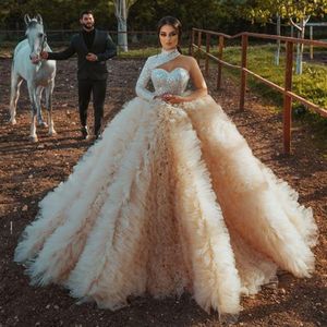 Ball Gown Wedding Dresses One Shoulder Sequined Long Sleeves Wedding Dress Plus Size Rufflus Tulle Bridal Gowns High Quality246L