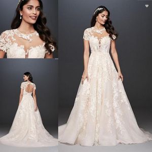 Lace Illusion Cap Sleeve Ball Gown Wedding Dress Oleg Cassini 2020 Sheer O-neck Lace Applique Open Back David's Bridal Weddin268u