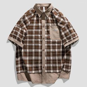 Męskie koszulki Hip Hop Streetwear Plaid Men Punk koszulka krótkie rękawie Summer Lapel T-shirt Street Street Button Up Up