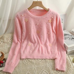 Kvinnors tröjor söta söta kvinnor Autumn Winter Vintage Pearl Decoration Knitwear O-Heck Lady Knit Pullover Tröja Romantic Basic Basic