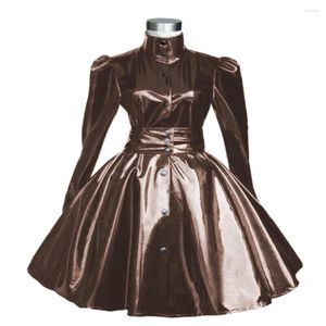 Casual Dresses Mens Womens Full Circle Skater Dress Fetish PVC Stand Collar Button Pleated Long Puff Sleeve Vinyl Faux Leather Club