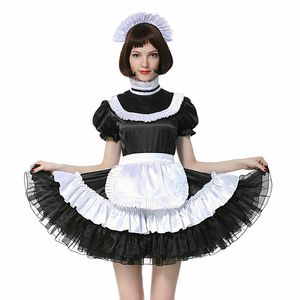 Sissy French Maid Lockable Black Satin Dress Costume Crossdress Pleated Style2540