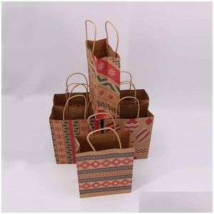 Presentförpackning julsäckar med handtag tryckt Kraft Paper Bag Kids Party Favors Box Decoration Home Xmas Cake Candy DBC Drop Delivery DHBWJ