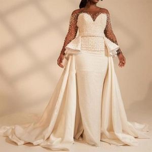 Long Sleeves Plus Size Mermaid Wedding Dresses With Overskirt Pearls Beaded Illusion African 2020 Bridal Gowns Customized Vestidos2581