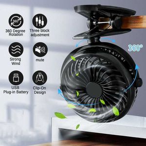 Elektriska fläktar Portable Mute USB Table Fan Clip-On Type laddningsbar Mini Cooling Desk Fan 720 graders rotation 3 Hastigheter Justerbar klippfläkt R230714