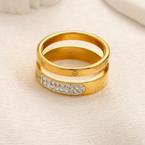 Niemals verblassender Marken-Buchstabenring, vergoldeter Edelstahl-Bandringe, Modedesigner-Luxus-Kristall-Strassstein-Ring für Damen, Hochzeit, Schmuck, Geschenke