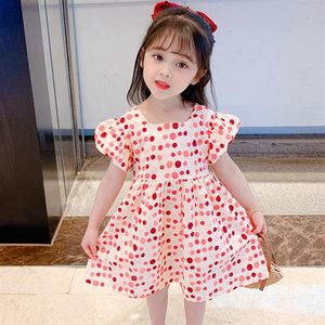 Ins New Summer New Girls '半袖ポルカドットドレス韓国の小規模と中サイズの子供用の腰の開いたバックCH276T