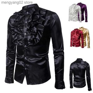 Camisas casuais masculinas 1x Camisa masculina de manga comprida com lantejoulas Retro Victoria Flounce Shirt Nightclub Dance T-shirt Halloween Come Top Gothic Shirt T230714