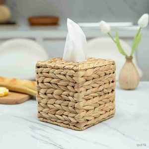 Vävnadslådor servetter Spot Square Tångvävnadslåda Korean vintage Desktop Tissue Organizer Box Woven Tissue Box Decorative Er Water Hyacinth Tis R230714