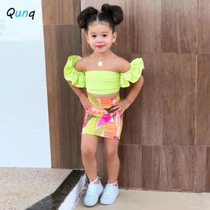 T shirts Qunq 2023 Summer Girls Lovely Off Shoulder Flounces Top Print Skirt 2 Pieces Set Casual Kids Clothing Age 3 T 8T 230713