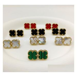 Studdesigner Earings Studs for Women Girl Fashion Luxury Diamond Clover Flower Gold Jewelry Black Green Red Four Leaves Charm Dhszl