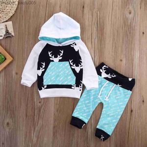 Clothing Sets Newborn kids toddler baby boy girl deer hooded tops hoddie+pants outfits set clothes 0-5T free shipiing Z230714