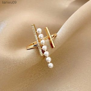 2021 Ny charmig 14k Real Gold Minimalist Style Pearl Rings for Women Justerbar design Vackra smycken Shiny AAA Zircon Gift L230704