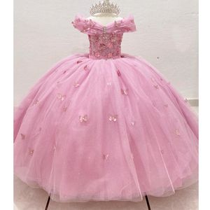 Le ragazze di fiore rosa lucide vestono l'abito da ballo principessa con spalle scoperte per il compleanno Cristalli di pizzo Perline Fiocco vestidos para ninas