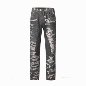 Ins Super Hot Retro Print Damaged Jeans Straight Vintage High Street Dark Men Hip Hop Pants Fashion Labelg0m1