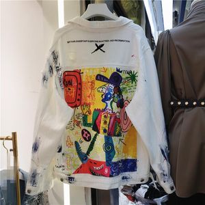 Pants Fashion Hand Painted Character Graffiti Print Women Denim Jacket Spring Autumn Casual Hole Jeans Coat Female Outwear Streetwear