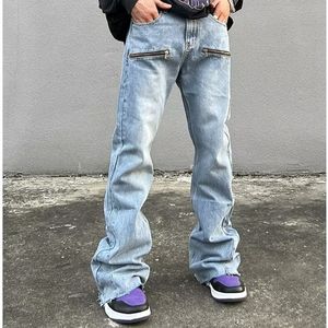 Мужские шорты Y2K Fashion Zipper Retro Wash Back Shiny Jeans мужская уличная одежда хип -хоп широкая нога прямая джинсовая брюки веревка Hombre 230714