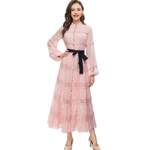 Women's Runway Dresses Stand Collar Long Lantern Sleves Tiered Lace Up Elegant Fashion Designer Party Vestidos