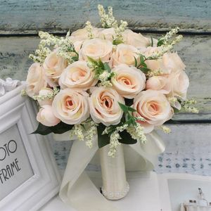 Bouquet di fiori da sposa con nastro di raso di seta Rosa bianco Champagne Damigella d'onore Festa nuziale con fioriRosa naturale artificiale209v