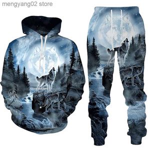 Agasalhos masculinos Forest Wolf 3d impresso moletom com capuz masculino outono inverno moletom casual calça de moletom masculina conjunto de roupas masculinas moda terno T230714