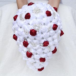 Decorative Flowers Waterfall Wedding Bouquet Bride And Bridesmaid Silk Rose Rhinestone DIY Hand Party Church Decoration W330D