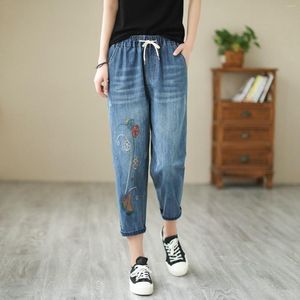 Women's Jeans Women Casual Comfortable Literary Embroidery Elastic High Waist Cutting Pants 311 Thick Denim