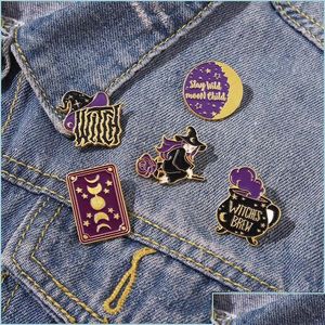 Pins Brooches Pins European Magic World Witch Hat Geometric Circle Round Rose Lapel Unisex Alloy Enamel Moon Sun Star Clot Drop Del Dh8Zo