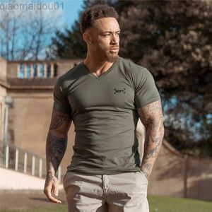 Camisetas masculinas verão moda casual para todos os jogos Camisetas de algodão estampadas com decote em V manga curta tops de fitness para musculação mais vendidos L230713
