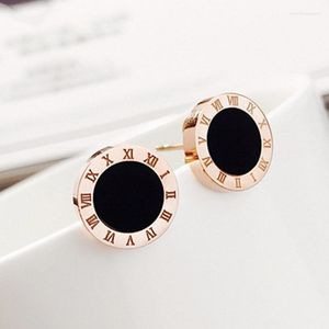 Stud Earrings 2023 Classic Roman Numerals Round Black Enamel For Women Stainless Steel Rose Gold Plated Earring Party Jewelry