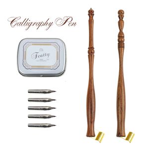 Fountain Pens 1 Set Dip Pen Wooden English Calligraphy Oblique Nib Holder With Mini Box and 5 Nibs 230713
