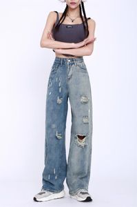 Hole Design Calças jeans femininas de cintura alta, retas, azul claro escuro, verão, que parecem finas, soltas, largas, denim, calças