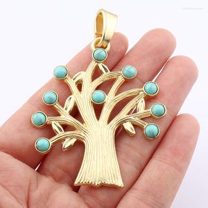 Pendant Necklaces 2Pcs MaGold Color Large Tree & Faux Turquoise Stone Charms Pendants For DIY Necklace Making Finding Accessories 72x51mm