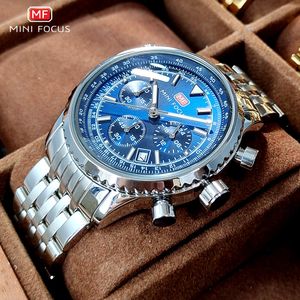 MINI FOCUS Silver Blue Quartz Watch for Men Waterproof 24-hour Chronograph Wristwatch with Auto Date Stainless Steel Strap 0463
