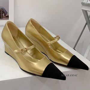 Sapatos sociais elegantes senhoras bico fino cunha salto alto Mary Janes ouro preto retro espelho couro prata mulheres bombas