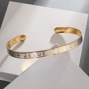 Bangle Jesus Cross Shelf Yellow And White Stainless Steel Letters Men Ladies Religious Prayer Faith Jewelry Bracelet