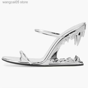 Sandals Women Gold Fretwork Teeth Heels Sandals Double Thin Strap Lady Summer New Toothed Shark Mouth High Heel Slippers Round Toe Shoes T230714