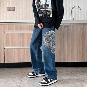 Herr shorts mode drake broderi väska mäns raka jeans byxor y2k kläder hip hop löst bred ben denim byxor rep hombre 230714