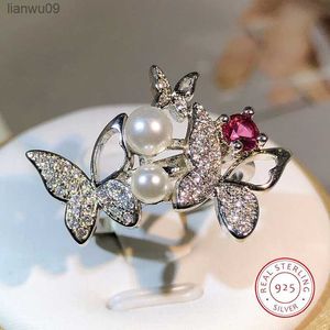 925 Silver Elegant Double Pearl Double Butterfly Full Zircon Ring Jewelry Ladies Zircon Sweet Girl Ring Birthday Party L230704