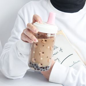 Water Bottles Kawaii Cat Bubble Tea Glass Bottle With Straw PU Sleeve Cute Boba Coffee Milk Cups Portable Girl Drinking A Free 230714