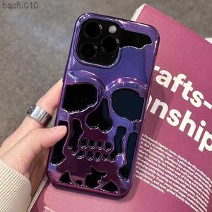 メッキ3DメタリックペイントホローiPhone 11 13 12 14 Pro Max Plus carving Back Cover L230619用のクールな頭蓋骨電話ケース