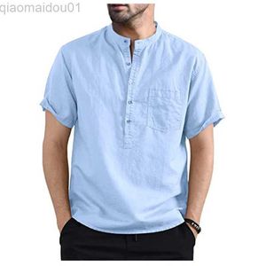 Men's T-Shirts US size Man Solid White Blue T-shirts 2023 Summer New Hot Selling Men's Cotton Linen Blended Short Sleeve Polo Shirts S-2XL L230713