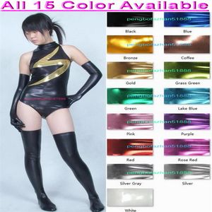 Sexy Frauen kurze Strumpfhosen Body Suit Kostüme mit langen Handschuhen und Strümpfen 15 Farbe glänzend Metallic Catsuit Kostüm Halloween Party F256H