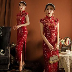 Ethnic Clothing Autumn Elegant Sexy Sequins Velour Short Sleeve High Split Long Qipao Mandarin Collar Cheongsam Size M-4XL2085