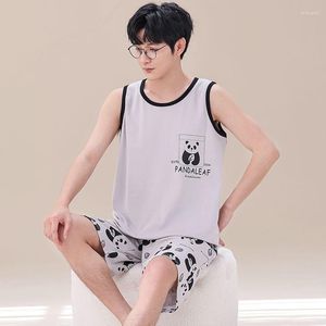 Mäns Sleepwear Summer Plus 4xl Cartoon Panda Boys Pyjamas Cotton Sticked Set Tank Top and Shorts Two-Piece Set Loungewear