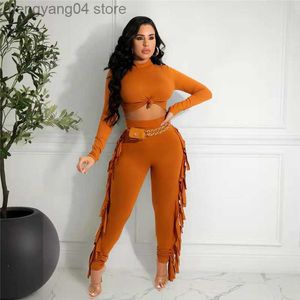 Women's Two Piece Pants Sexy Two Piece Set Women Matching Sets Bodycon Crop Top and Tassel Pencil Pant Sets Party Club Birthday Outfits for Women Suits T230714