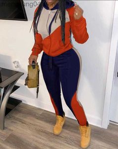 Kvinnors tvådelade byxor Två stycksuppsättningar Kvinnor Outifits Casual ColorBlock Lång ärm Huva med Zip Up Top Sporty Drawstring Pants Sweatpants Set 2022 T230714