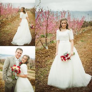 2018 vintage sukienki ślubne koronkowe krótkie rękawy vestidos de novia długie tiul tiul w kraju suknie ślubne 259w